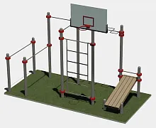 Два турника, брусья, шведская стенка, змеевик, скамья для пресса и баскетбольный щит
