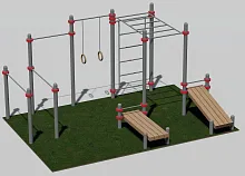Турник классический, турник с кольцами, брусья, шведская стенка, рукоход и две скамьи для пресса