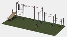 Два турника разноуровневые, брусья разноуровневые, шведская стенка, рукоход – змеевик, скамья для пресса и вынос для боксерского мешка